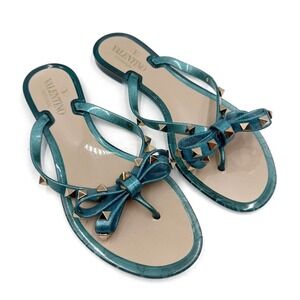 Valentino Rockstud Jelly Sandals Teal Blue Glitter Bow Thong Womens 38 / 8 US
